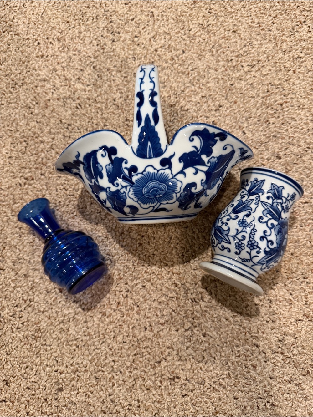 Blue and White Floral Ceramic Basket and 2 vases. Home Art Decorative Accent